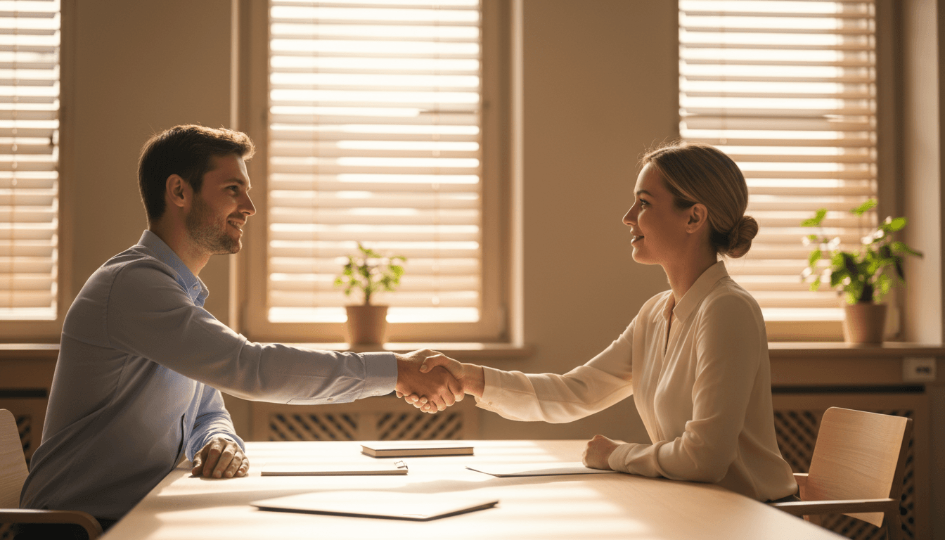 Two professionals shaking hands in a Prague office