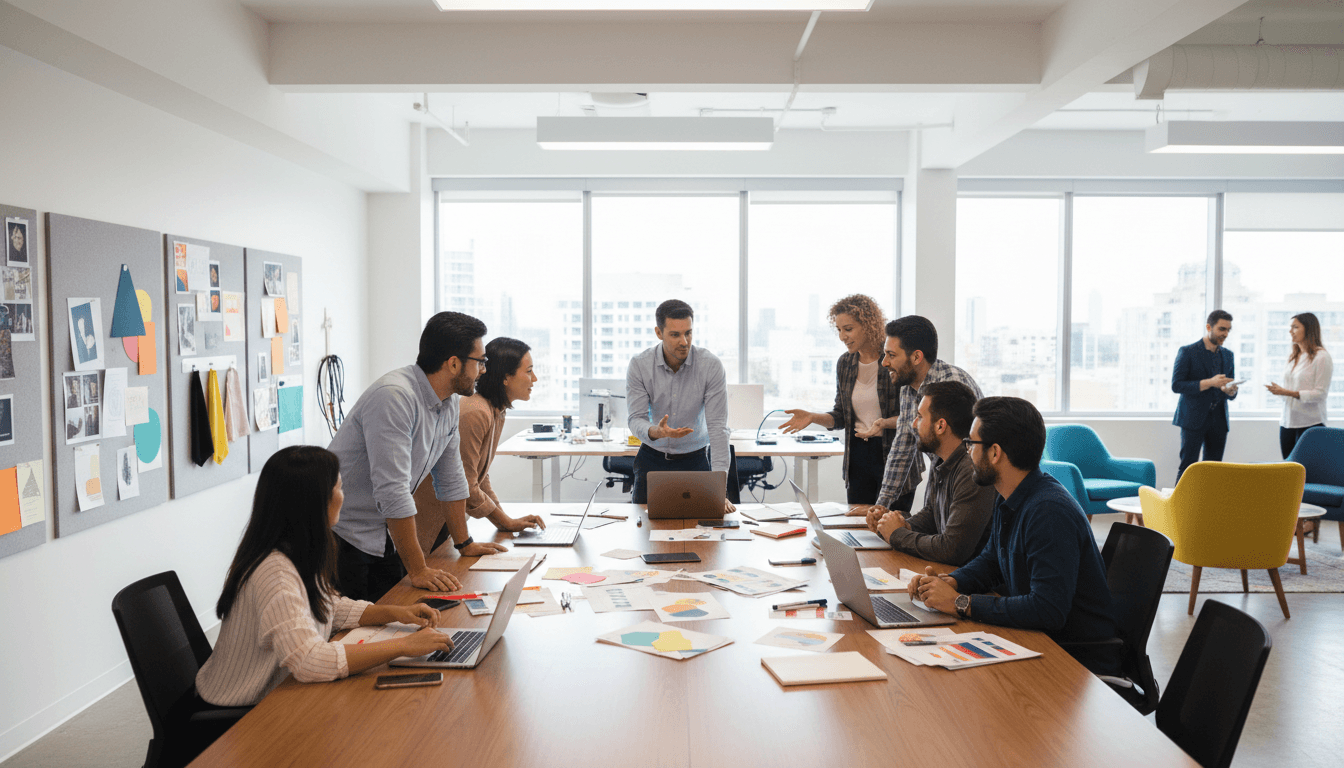 Diverse marketing team collaborating around conference table during creative brainstorming session in bright modern office with natural window light